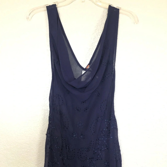 Free People Yours Truly Navy Embroidered Cowl Neck Sheer Maxi Slip Dress Small - Picture 4 of 12